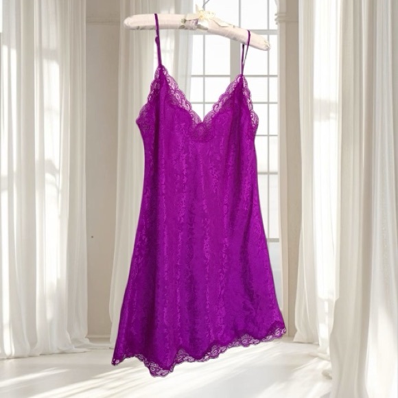 VTG Victoria’s Secret Gold Label Purple Satin Jacquard Lace Slip Dress - Picture 1 of 15